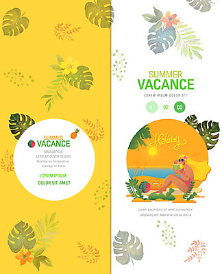 PSD 템플릿 표지디자인 북디자인 출판디자인 여자 표지 리플렛 2단접지 북커버 휴가 한명 팜플렛 성인 해변 여름 여름휴가 바캉스 노란색 야자수잎 성인여자한명만 트로피컬아트 이미지템플릿 1 계절 바다 컬러 잎 사람 그림 여자한명만 성인여자만 파일형식 여름_계절
