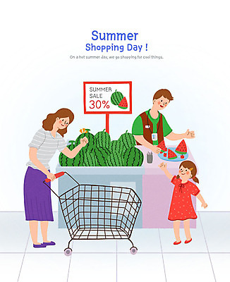 PSD 딸 어린이 일러스트 모녀 엄마 여름음식 수박 사람 소녀 성인 세명 여름 세일 쇼핑카 구매 먹기 직원 마트 여름쇼핑 제철과일 국내일러스트 계절 여자 음식 과일 가족 모션 쇼핑 상점 카트 제철 파일형식 여름_계절