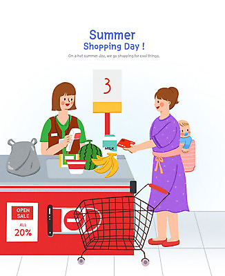 PSD 여자 일러스트 엄마 여름음식 봉투 수박 바나나 사람 성인 세명 여름 쇼핑카 우유 아기 신용카드 계산 구매 계산대 고객 직원 업기 마트 컵라면 여름쇼핑 제철과일 국내일러스트 계절 음식 과일 가족 모션 유제품 금융 쇼핑 상점 카트 라면 제철 파일형식 여름_계절