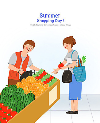 PSD 여자 남자 빵 토마토 과일 일러스트 여름음식 봉투 수박 사람 성인 두명 여름 시장 구매 사과 판매대 고객 직원 참외 에코백 성인만 여름쇼핑 제철과일 국내일러스트 계절 음식 채소 가방 쇼핑 에코 제철 파일형식 여름_계절