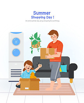 PSD 식물 여자 남자 딸 어린이 쿠션 거실 일러스트 사람 소녀 성인 두명 여름 소파 카펫 아빠 구매 에어컨 택배 여름쇼핑 국내일러스트 계절 의자 가족 쇼핑 가전제품 운송업 파일형식 여름_계절
