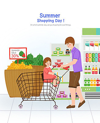 PSD 여자 남자 딸 음료 어린이 일러스트 여름음식 수박 바나나 사람 소녀 성인 두명 여름 쇼핑 쇼핑카 우유 아빠 구매 마트 슈퍼마켓 병동 부녀 여름쇼핑 제철과일 국내일러스트 계절 음식 과일 가족 유제품 상점 카트 제철 파일형식 여름_계절