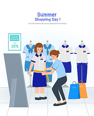 PSD 학생 여학생 여자 교복 일러스트 청소년 사람 성인 두명 여름 구매 직원 전신거울 사이즈측정 하복 맞춤 성인여자만 여름쇼핑 국내일러스트 옷 계절 쇼핑 거울 측정 여름옷 여자만 성인만 파일형식 여름_계절