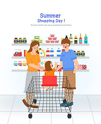 PSD 부부 커플 여자 남자 딸 어린이 일러스트 가족 엄마 선반 사람 소녀 성인 세명 여름 쇼핑 쇼핑카 아빠 구매 마트 슈퍼 여름쇼핑 국내일러스트 계절 가구 관계 상점 카트 파일형식 여름_계절