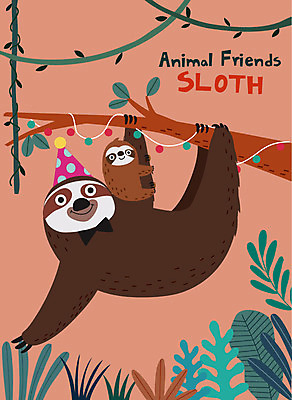 동물 동물캐릭터 두마리 일러스트 나비넥타이 함께함 매달리기 사람없음 귀여움 주황색 고깔모자 아기 인사 덩굴 손인사 나무늘보 넝쿨나무 국내일러스트 일러캐릭터 AI파일 나무 식물 캐릭터 모자_잡화 컬러 컨셉 2 모션 넥타이 사람 예절 파일형식 벡터