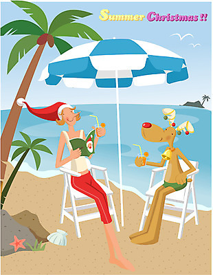 EPS 계절 여자 기념일 남자 종교 바다 크리스마스 일러스트 휴가 휴식 한명 사람 20대 성인 해변 야외 여름 모래사장 야자수 산타클로스 루돌프 파라솔 청년만 성인만 국내일러스트 나무 1 컨셉 사슴 이벤트 청년 파일형식 벡터