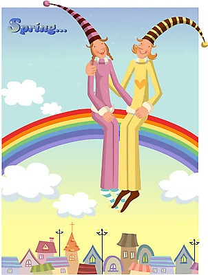 EPS 커플 사계절 계절 여자 남자 무지개 일러스트 자연 하늘 사람 풍경 야외 두명 마을 봄 로맨틱 국내일러스트 자연요소 컨셉 관계 생태계 파일형식 벡터