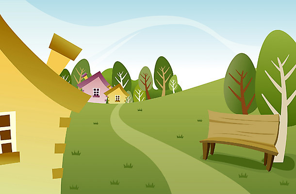 EPS 주간 사계절 계절 백그라운드 벤치 일러스트 자연 주택 풍경 사람없음 야외 마을 봄 국내일러스트 자연요소 의자 건물 생태계 파일형식 벡터