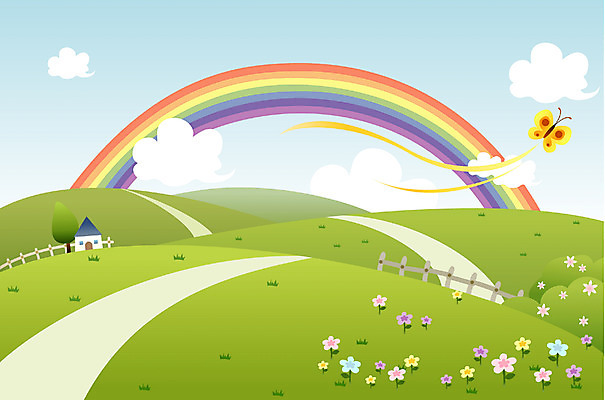 EPS 주간 사계절 계절 꽃 길 나비 백그라운드 무지개 일러스트 자연 하늘 주택 풍경 초원 사람없음 야외 봄 국내일러스트 자연요소 식물 곤충 건물 생태계 파일형식 벡터