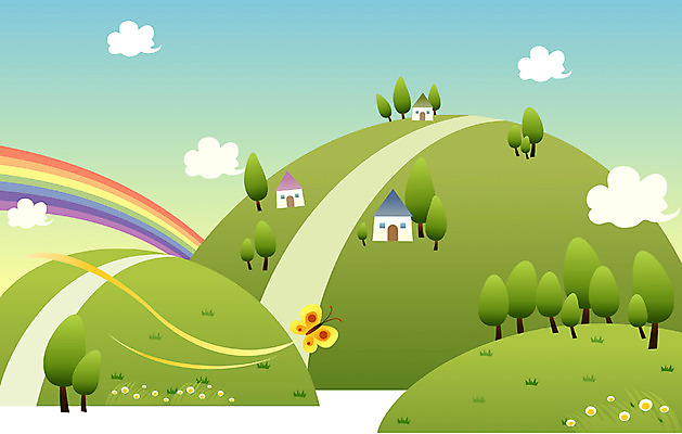 EPS 주간 사계절 계절 길 나비 백그라운드 무지개 일러스트 자연 하늘 산 풍경 사람없음 야외 마을 봄 언덕 국내일러스트 자연요소 곤충 생태계 파일형식 벡터
