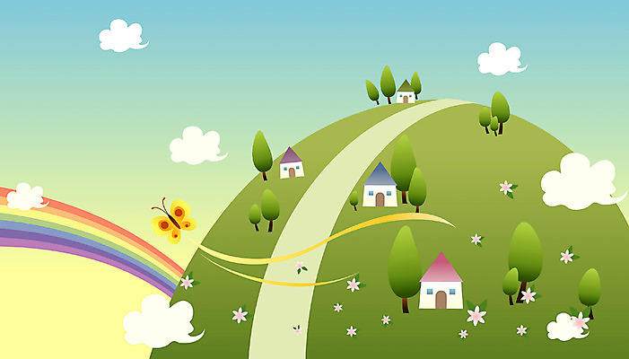 EPS 주간 나무 사계절 계절 길 백그라운드 무지개 일러스트 자연 하늘 산 주택 풍경 사람없음 야외 마을 봄 언덕 국내일러스트 자연요소 식물 건물 생태계 파일형식 벡터