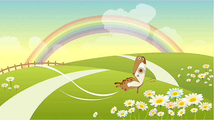 EPS 주간 사계절 계절 꽃 길 나비 백그라운드 무지개 일러스트 자연 하늘 풍경 초원 사람없음 야외 봄 국내일러스트 자연요소 식물 곤충 생태계 파일형식 벡터