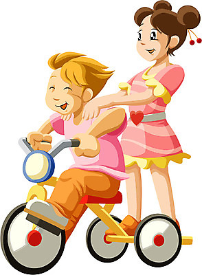 EPS 여자 남자 어린이 일러스트 가족 남매 사람 소녀 소년 두명 자전거 동생 누나 세발자전거 어린이만 국내일러스트 관계 바이크 파일형식 벡터