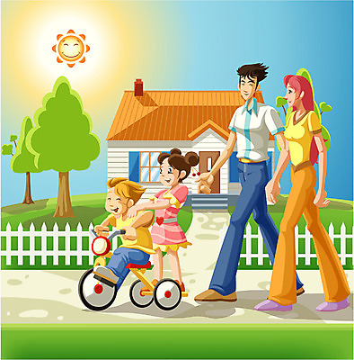 EPS 주간 나무 여자 열매 남자 딸 아들 어린이 일러스트 가족 엄마 남편 주택 남매 사람 소녀 소년 여러명 성인 야외 울타리 태양 자전거 아내 아빠 언덕 동생 누나 세발자전거 국내일러스트 자연요소 식물 다수 관계 건물 담장 바이크 파일형식 벡터
