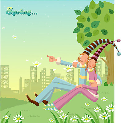 EPS 나무 커플 사계절 계절 여자 남자 꽃 일러스트 자연 하늘 사람 풍경 야외 두명 마을 봄 로맨틱 국내일러스트 식물 컨셉 관계 생태계 파일형식 벡터