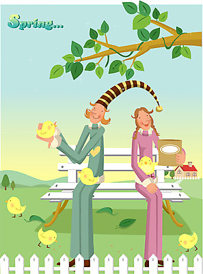 EPS 커플 사계절 계절 여자 남자 벤치 일러스트 자연 병아리 사람 풍경 초원 야외 두명 봄 로맨틱 국내일러스트 컨셉 의자 관계 조류 생태계 파일형식 벡터