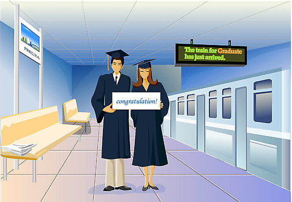 EPS 학생 여학생 여자 남자 남학생 일러스트 학사모 졸업 졸업식 졸업생 사람 두명 축제 축하 졸업가운 전철 국내일러스트 모자_잡화 교육 육상교통 컨셉 대중교통 가운 파일형식 벡터