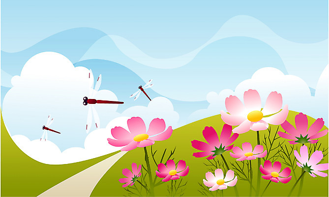 EPS 주간 식물 사계절 계절 꽃 곤충 백그라운드 일러스트 자연 가을꽃 풍경 사람없음 야외 가을 잠자리 코스모스 가을배경 국내일러스트 자연요소 동물 생태계 파일형식 벡터 가을_계절