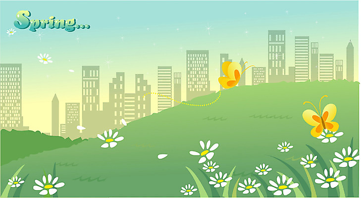 EPS 사계절 계절 꽃 나비 백그라운드 일러스트 자연 하늘 풍경 초원 사람없음 야외 봄 언덕 국내일러스트 식물 곤충 생태계 파일형식 벡터