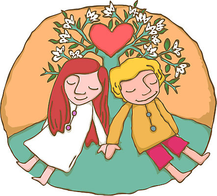 EPS 전신 나무 커플 사계절 계절 여자 남자 데이트 일러스트 사랑 사람 앉기 소년 야외 두명 판타지 봄 로맨틱 하트 국내일러스트 모양 식물 감정 어린이 컨셉 관계 모션 상상 파일형식 벡터