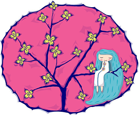 EPS 전신 나무 사계절 계절 여자 꽃 일러스트 사람 앉기 판타지 봄 여자만 가상인물 국내일러스트 식물 모션 상상 파일형식 벡터