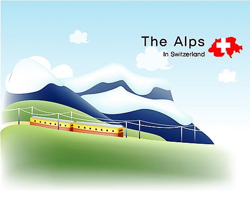 EPS 주간 유럽 외국문화 여행 일러스트 휴가 산 풍경 초원 사람없음 야외 관광지 세계 기차 세계여행 국기 스위스 알프스 국내일러스트 자연요소 나라 문화 육상교통 대중교통 파일형식 벡터