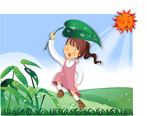 EPS 주간 여자 초등학생 어린이 일러스트 자연 아침 날씨 나뭇잎 한명 사람 소녀 초원 야외 햇빛 태양 맑음 이슬 여자만 여자한명만 어린이만 소녀만 소녀한명만 국내일러스트 자연요소 1 학생 잎 생태계 파일형식 벡터