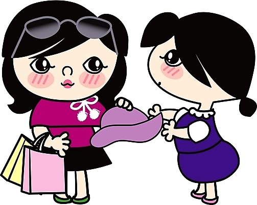 EPS 전신 클립아트 모자 잡화 드레스 옷 여자 가방 일러스트 서기 사람 성인 두명 쇼핑 쇼핑백 종업원 외출 옷가게 의상실 여자만 성인여자만 성인만 국내일러스트 직업 모션 상점 파일형식 벡터