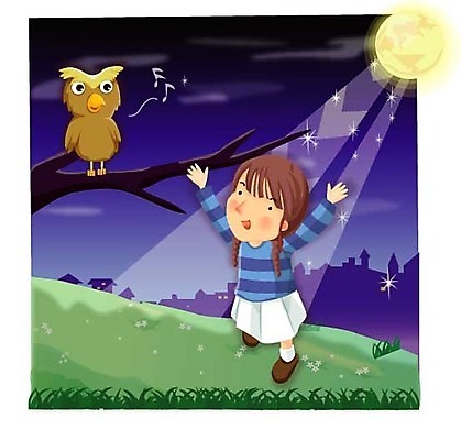 EPS 여자 초등학생 어린이 일러스트 자연 날씨 한명 사람 소녀 초원 야외 맑음 달 도시 야간 언덕 부엉이 여자만 여자한명만 어린이만 소녀만 소녀한명만 국내일러스트 자연요소 1 학생 조류 생태계 파일형식 벡터