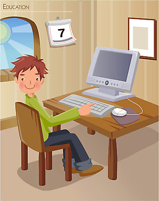 EPS 학생 어린이교육 교육 남자 초등학생 어린이 일러스트 실내 한명 사람 소년 컴퓨터 책상 남자만 남자한명만 어린이만 소년만 소년한명만 국내일러스트 1 가구 내부 전자제품 파일형식 벡터