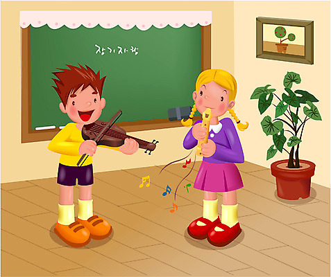 EPS 학생 여자 교육 남자 초등학생 음악 연주 일러스트 교과목 청소년 현악기 실내 사람 소녀 소년 두명 책 바이올린 피리 음악교육 장기자랑 십대만 국내일러스트 어린이 악기 문화예술 내부 목관악기 파일형식 벡터