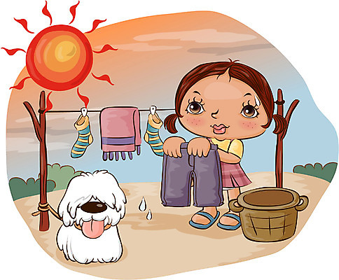 EPS 주간 여자 반려견 초등학생 어린이 일러스트 날씨 한명 사람 소녀 야외 태양 맑음 개 강아지 빨래 일기예보 반려 여자만 여자한명만 어린이만 소녀만 소녀한명만 국내일러스트 자연요소 1 학생 가사 포유류 반려동물 파일형식 벡터