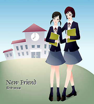 EPS 주간 직업 학생 여학생 여자 교육 교복 초등학생 일러스트 학교 중학생 청소년 고등학생 고등학교 사람 야외 두명 친구 입학 시작 출발 신입생 입학식 중학교 입학생 여자만 십대만 십대여자만 국내일러스트 자연요소 옷 컨셉 관계 파일형식 벡터