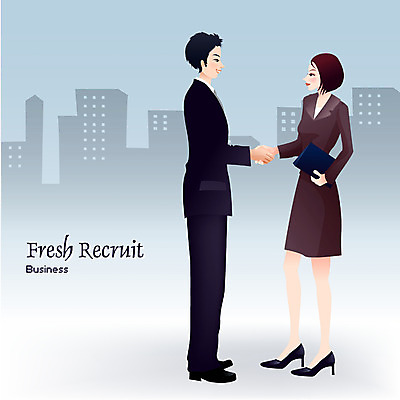 EPS 여자 남자 일러스트 비즈니스 협력 악수 사람 빌딩 야외 두명 구직 비즈니스맨 비즈니스우먼 결심 시작 출발 신입사원 모집 새직장 신입 국내일러스트 컨셉 손짓 건물 직장인 파일형식 벡터
