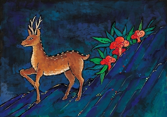 포토 JPG 동물 척추동물 한국문화 한국전통 전통 육지동물 포유류 사슴 산 수묵화 사람없음 동양화 작품 한국화 십장생 불로초 국내포토 동양문화 한국 미술 파일형식