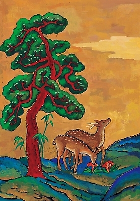 포토 JPG 동물 척추동물 한국문화 한국전통 전통 육지동물 한쌍 포유류 사슴 산 수묵화 사람없음 솔 소나무 동양화 작품 한국화 십장생 불로초 국내포토 나무 동양문화 한국 미술 파일형식