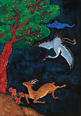 포토 JPG 동물 구름 척추동물 한국문화 한국전통 전통 조류 사슴 수묵화 사람없음 학 솔 소나무 한국화 십장생 불로초 국내포토 자연요소 나무 동양문화 포유류 한국 미술 동양화 파일형식