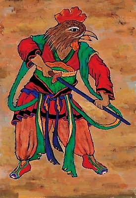 포토 JPG 동물 한국전통 상상 미술 사람없음 십이지신 운세 닭띠 닭 칼 벽화 작품 무사 국내포토 전통 조류 문화예술 한국 그림 파일형식
