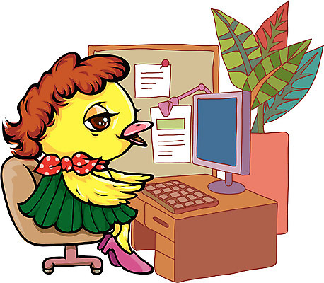 EPS 동물 척추동물 여자 일러스트 비즈니스 상상 조류 실내 병아리 사람없음 컴퓨터 사무실 노란색 닭 직장인 비서 여자만 국내일러스트 직업 컬러 사람 내부 전자제품 파일형식 벡터