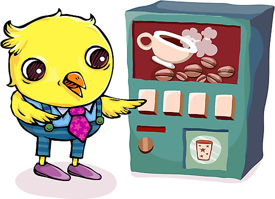 동물 척추동물 일러스트 상상 조류 오리 병아리 정장 노란색 닭 직장인 커피자판기 국내일러스트 직업 옷 컬러 자판기