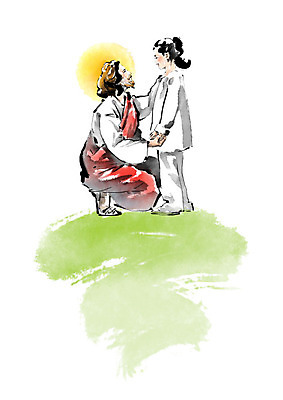 PSD 여자 남자 기독교 어린이 일러스트 캘리그라피 붓터치 사랑 소녀 성인 두명 마주보기 예수 하나님 즐거움 번짐 돌봄 안식처 국내일러스트 감정 종교 모션 휴식 사람 신_종교 파일형식 효과