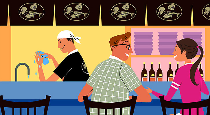 그릇 여자 남자 일러스트 대화 사람 성인 세명 건강관리 식당 요리사 청결 위생 예방 닦기 건강수칙 식중독 위생관리 이자카야 일식집 성인만 국내일러스트 AI파일 직업 식기 모션 건강 관리 말하기 상점 술집 파일형식 벡터