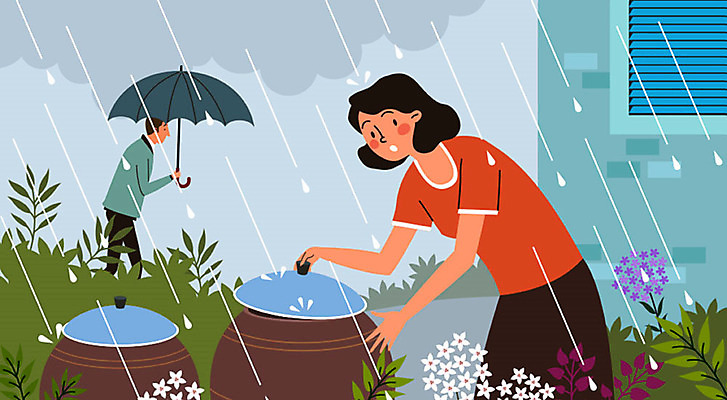 여자 남자 일러스트 우산 사람 성인 두명 건강관리 뚜껑 항아리 비 고민 저장 예방 빗물 건강수칙 식중독 성인만 국내일러스트 AI파일 자연요소 감정 날씨 건강 관리 도자기 비_날씨 파일형식 벡터