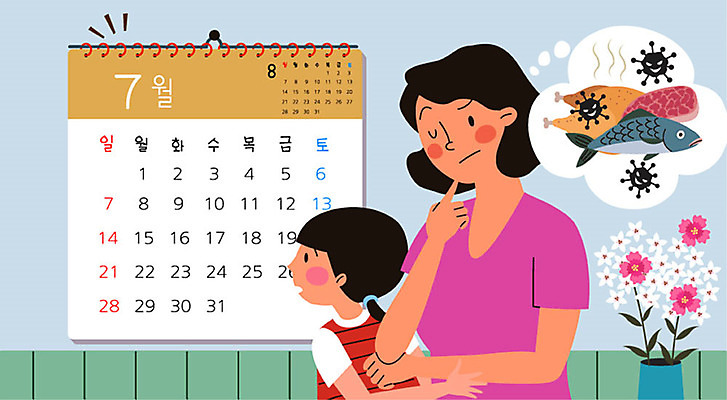 딸 어린이 말풍선 일러스트 가족 모녀 엄마 육류 어류 사람 소녀 성인 두명 여름 건강관리 통닭 달력 불안 고민 예방 7월 건강수칙 균 식중독 휴가철 국내일러스트 AI파일 계절 여자 감정 식재료 관계 휴가 건강 관리 치킨 수중동물 날짜 파일형식 벡터