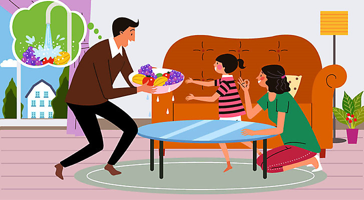 여자 남자 딸 어린이 거실 토마토 과일 일러스트 가족 탁자 엄마 바나나 사람 성인 세명 소파 건강관리 청결 카펫 커튼 아빠 위생 씻기 즐거움 수도꼭지 예방 건강수칙 식중독 위생관리 국내일러스트 AI파일 감정 가구 채소 의자 관계 건강 관리 파일형식 벡터