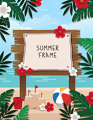 꽃 바다 백그라운드 일러스트 휴가 사각프레임 프레임 해변 사람없음 여름 여름휴가 바캉스 팻말 비치볼 모래성 야자수잎 프레임일러스트 트로피컬아트 국내일러스트 AI파일 식물 계절 모래 잎 공 바캉스용품 사각형 그림 파일형식 벡터 여름_계절