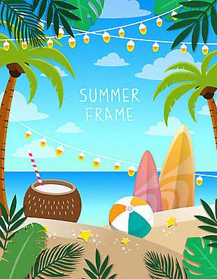 구름 바다 백그라운드 일러스트 하늘 휴가 프레임 해변 사람없음 여름 여름휴가 바캉스 야자수 서핑보드 비치볼 코코넛 야자수잎 야자수열매 프레임일러스트 트로피컬아트 국내일러스트 AI파일 자연요소 나무 계절 열매 잎 과일 공 바캉스용품 보드_스포츠 그림 파일형식 벡터 여름_계절