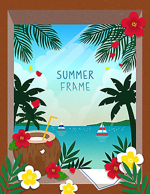 꽃 바다 백그라운드 요트 일러스트 창문 휴가 사각프레임 프레임 해변 사람없음 여름 여름휴가 바캉스 야자수 코코넛 야자수잎 야자수열매 프레임일러스트 트로피컬아트 국내일러스트 AI파일 나무 식물 계절 열매 잎 배_교통 과일 사각형 그림 파일형식 벡터 여름_계절