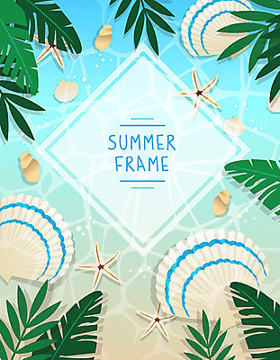 바다 백그라운드 일러스트 휴가 조개 불가사리 사각프레임 프레임 해변 사람없음 여름 여름휴가 바캉스 소라 야자수잎 프레임일러스트 트로피컬아트 국내일러스트 AI파일 계절 잎 어패류 극피동물 사각형 그림 파일형식 벡터 여름_계절