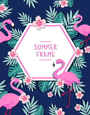 꽃 백그라운드 여러마리 일러스트 휴가 프레임 사람없음 여름 여름휴가 바캉스 플라밍고 야자수잎 다각형 몬스테라 프레임일러스트 트로피컬아트 국내일러스트 AI파일 도형 식물 계절 다수 잎 조류 그림 파일형식 벡터 여름_계절